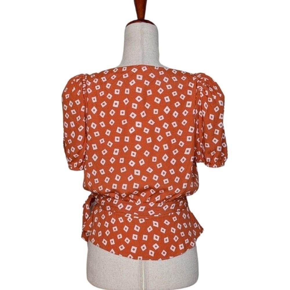 NWT & Other Stories Puff Sleeve Wrap Blouse in Orange Squares Size EU42/USMED - Picture 5 of 8